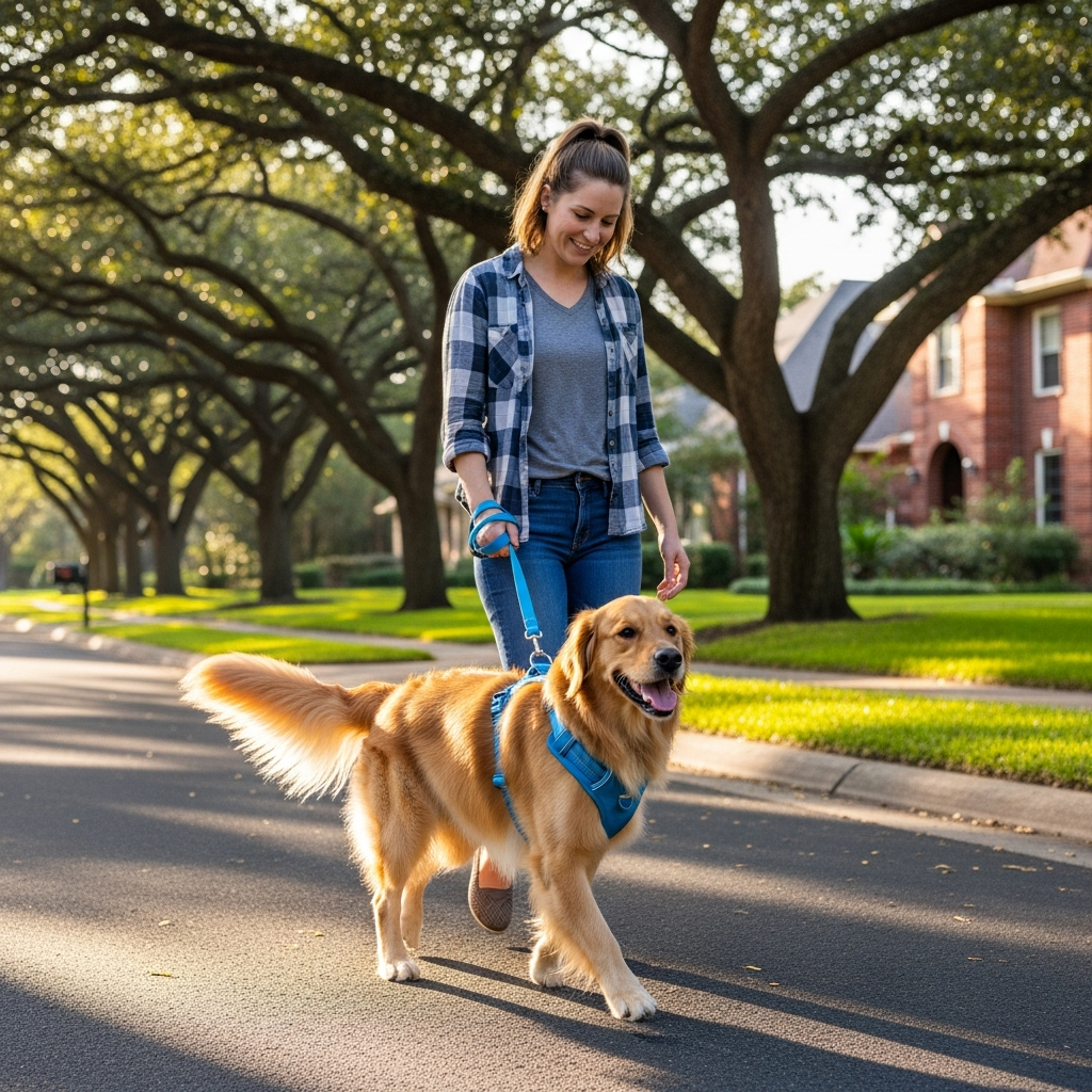 A dog walking happily on a front-clip no-pull harness next to its owner.